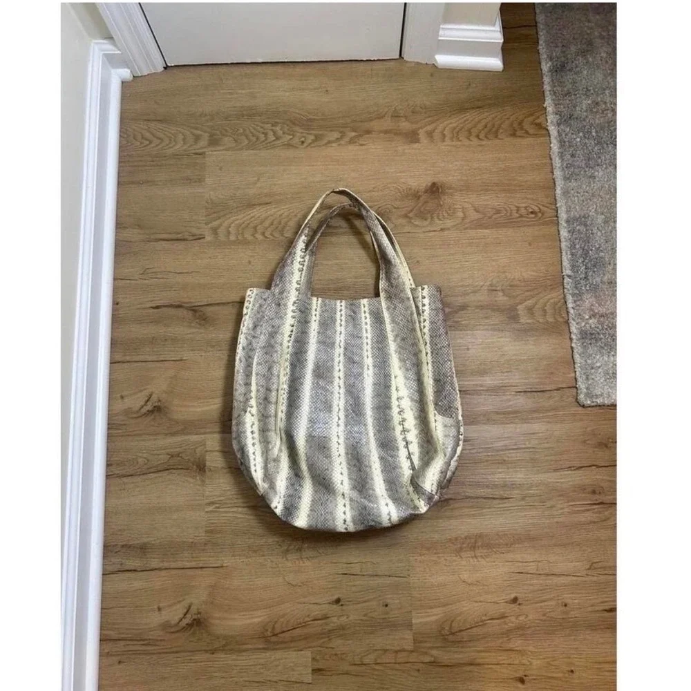 Beirn Tote Bag Womens Large Grey Watersnake Skin Striped Hobo Shoulder Bag Boho